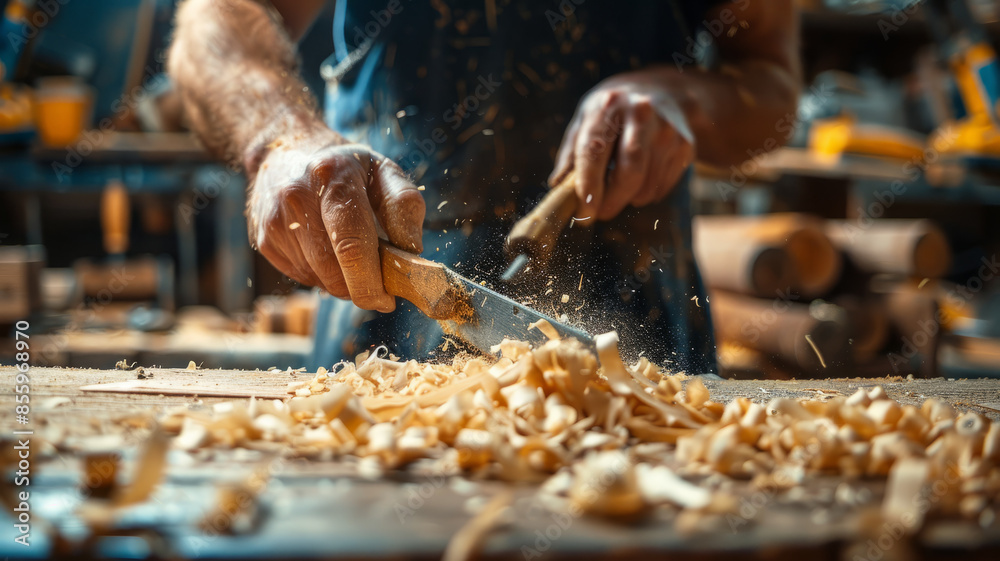 Close-up of a man's hands woodworking in a workshop. Close-up of a man's hands woodworking in a workshop.
