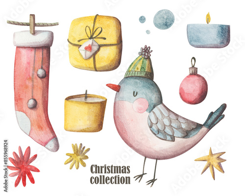 Cozy autumn elements hand painted set. Cold weather clipart collection