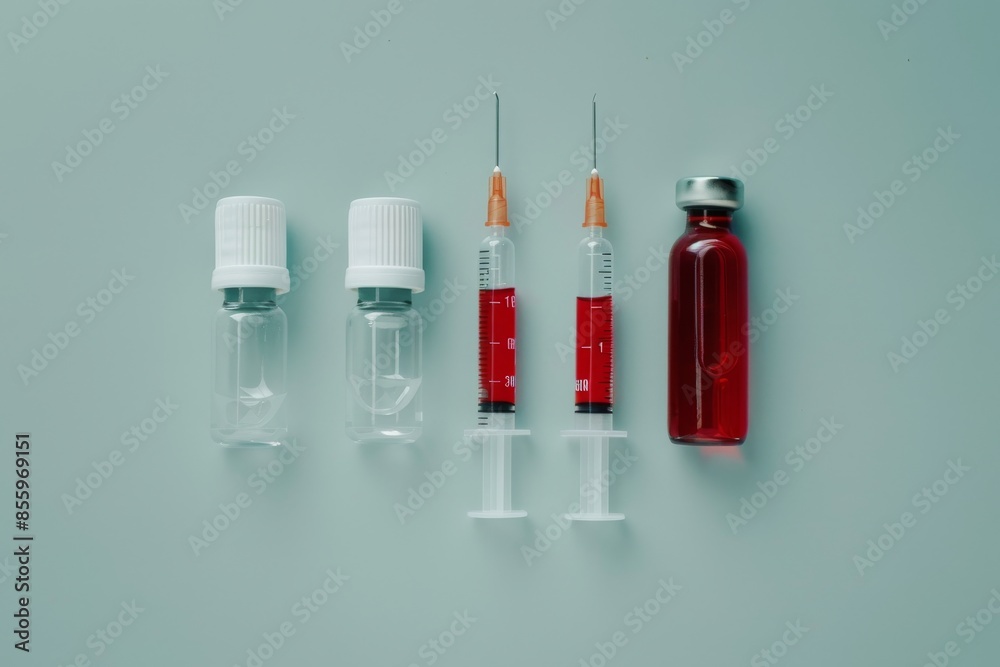 Syringe and vials with blood sampling top view Syringe and vials with blood sampling top view