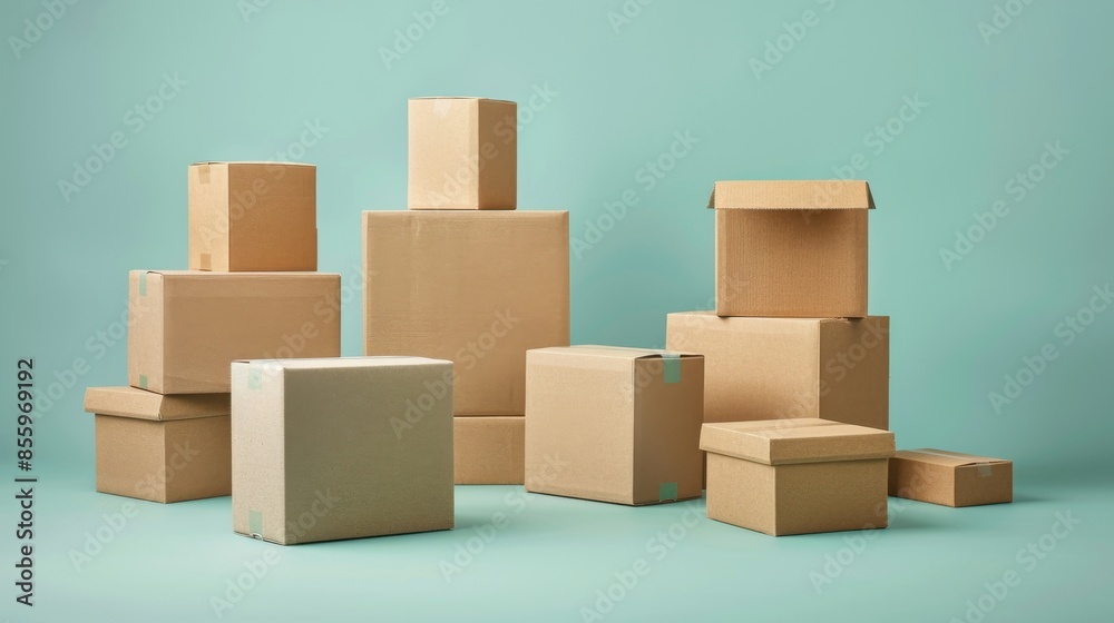 A stack of cardboard boxes with a green background A stack of cardboard boxes with a green background