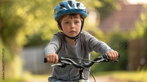 A young boy is riding his bike while wearing a safety helmet. The boy is outside and appears to be enjoying himself. It looks like he is just learning to ride a bike, but he is doing a great job.