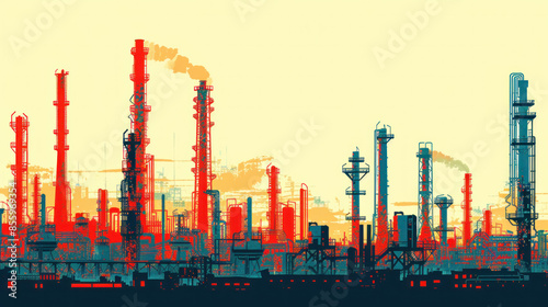 A city skyline with many tall buildings and a large red and blue industrial plant