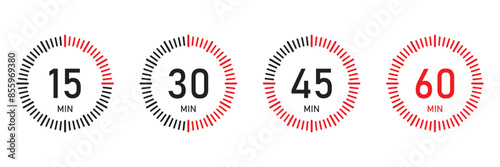The 15, 30 and 45 or 60 minutes, stopwatch vector icon. Stopwatch icon in black and red flat style, 15, 30, 45,60 minutes timer clock, stopwatch isolated set icons.
