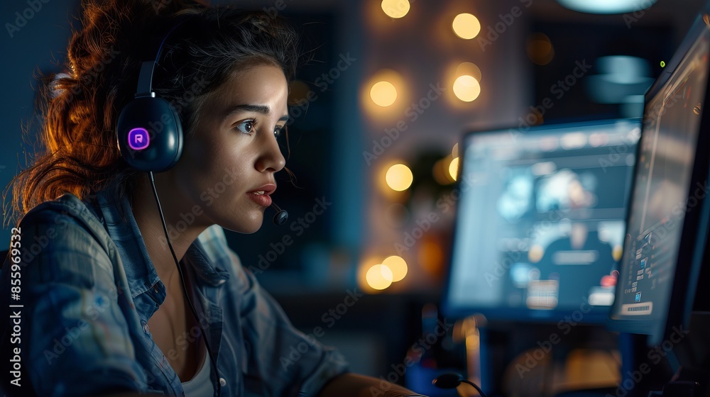 A woman working alone in a call center at night worries about her safety. She considers calling an emergency or legal service for help. She is wearing a headset to communicate. A woman working alone in a call center at night worries about her safety. She considers calling an emergency or legal service for help. She is wearing a headset to communicate.