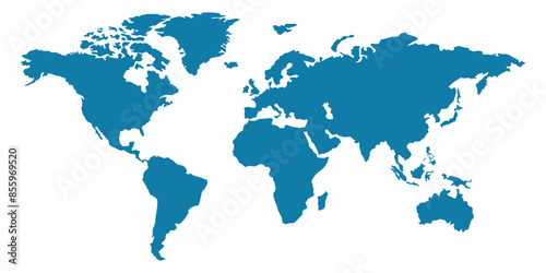 World map silhouette, blue and white color, flat design, vector illustration.