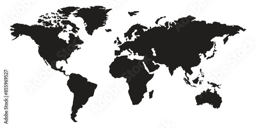 World map silhouette, black and white, flat design, world map template, vector illustration.