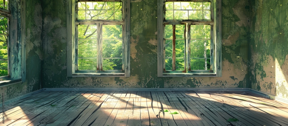 Abandoned Empty Room, ruined building, room with broken windows, Room with two windows in abandoned ruined house. Abandoned building inside interior . Copy space image Abandoned Empty Room, ruined building, room with broken windows, Room with two windows in abandoned ruined house. Abandoned building inside interior . Copy space image