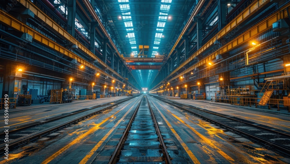 Industrial Interior with Railroad Tracks Industrial Interior with Railroad Tracks