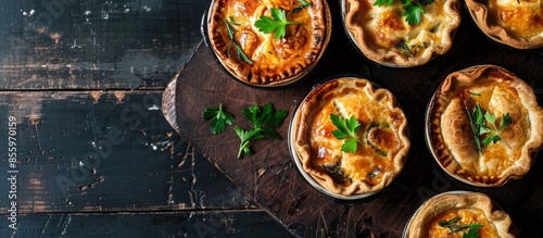 Fish pies served in rustic ramekins. Copy space image. Place for adding text and design photo