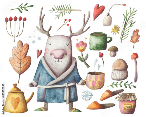 Cozy autumn elements hand painted set. Cold weather clipart collection