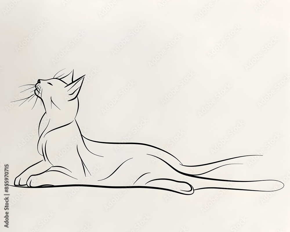 Minimalist Line Art of a Sleek Cat Stretching on White Background Minimalist Line Art of a Sleek Cat Stretching on White Background