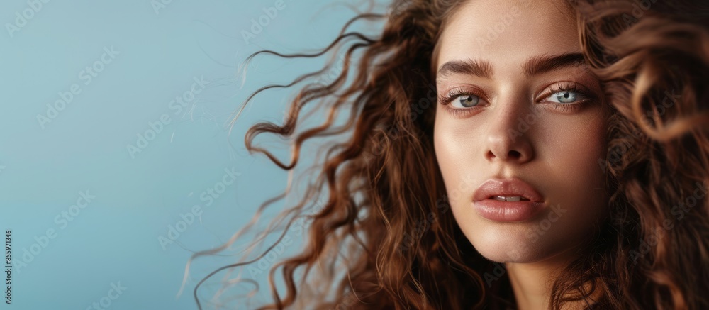 Naklejka premium Close-up of the face of a girl with brown hair. The concept of improving the appearance of hair, revealing femininity and attractiveness, and developing the hairdressing business.