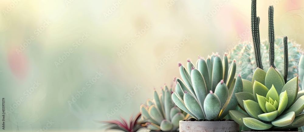 Fototapeta premium Decor with succulent plants in pot outdoor. Potted cactus house plants. Copy space image. Place for adding text and design