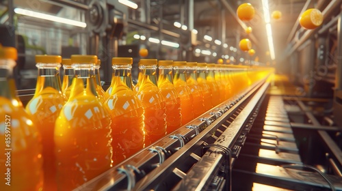 Orange juice bottles on an industrial production line in a factory, highlighting automation and efficiency in beverage manufacturing.