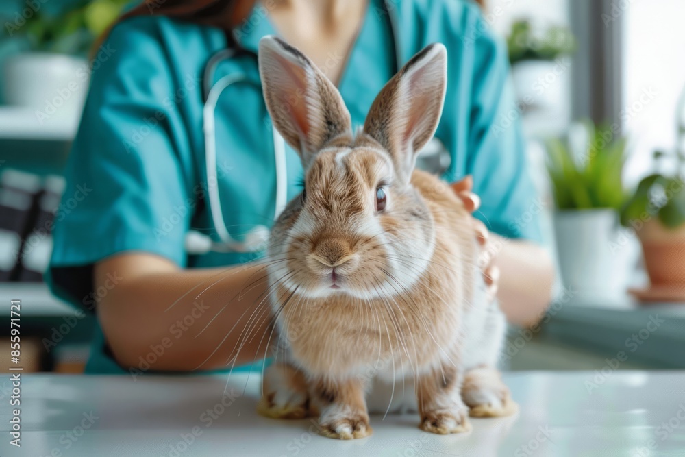 Obraz premium The hands of a veterinarian examine a rabbit lying on a table in a clinic. The concept for the development of veterinary clinics and animal treatment.