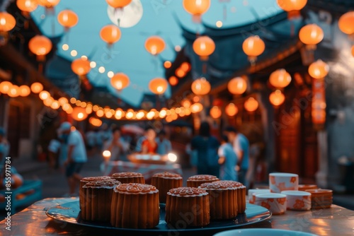 Happy Family Celebrating Mid-Autumn Festival with Lanterns and Mooncakes - Warm Evening Atmosphere