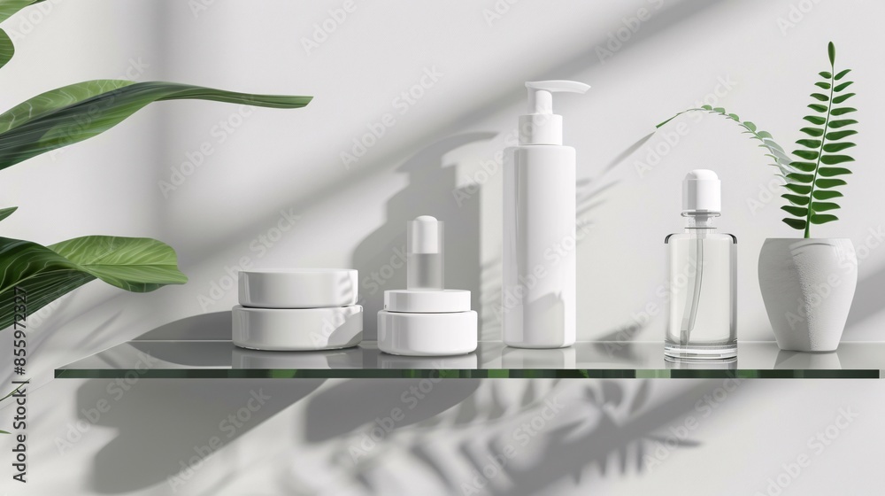 Mock-up of a beauty product set including a serum and moisturizer on a glass shelf Mock-up of a beauty product set including a serum and moisturizer on a glass shelf