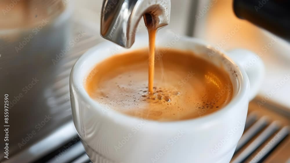 Smooth espresso shot poured into a transparent glass cup. Aromatic coffee experience