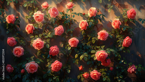 A wall of pink roses in full bloom, with sunlight filtering through the leaves and casting shadows on the flowers. Created with Ai