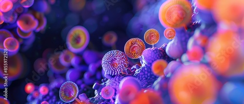 Microscopic view of fungus spores, vibrant colors, high detail, with copy space photo