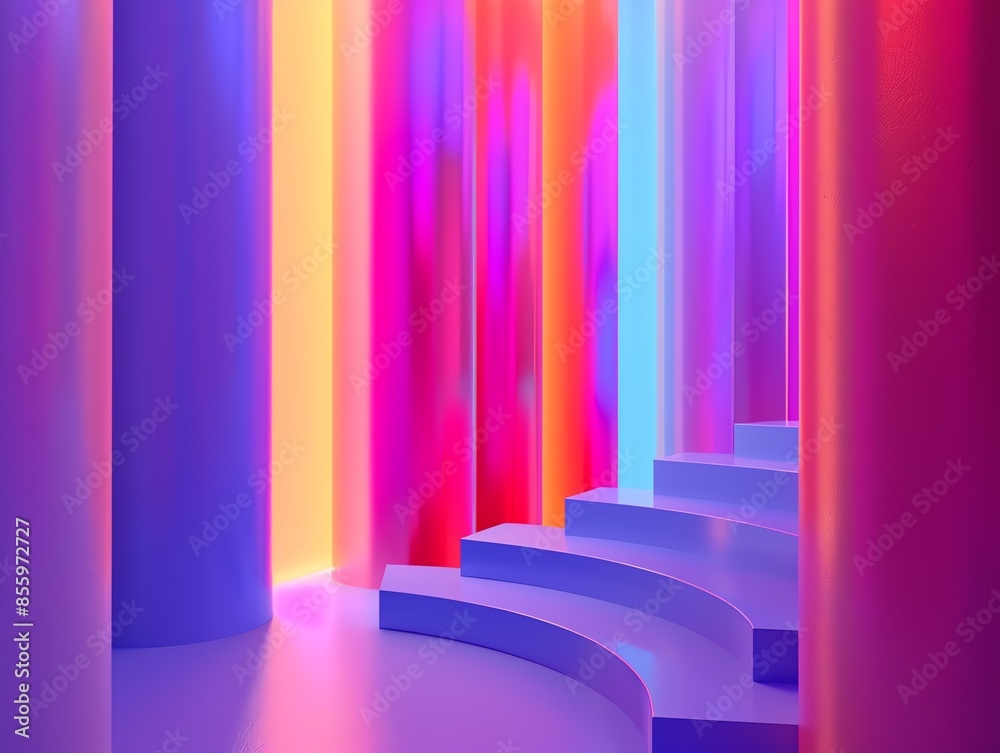 A vibrant abstract scene with colorful cylindrical columns and curved steps, illuminated by bright lighting in various hues. A vibrant abstract scene with colorful cylindrical columns and curved steps, illuminated by bright lighting in various hues.