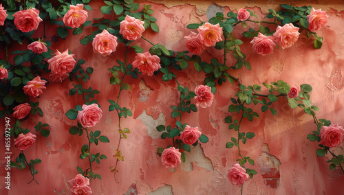 The wall with many roses climbing, in pastel pink and red colors, with lace details. Created with Ai