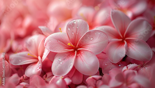 Beautiful pink plumeria flowers with water drops on their petals. Created with Ai
