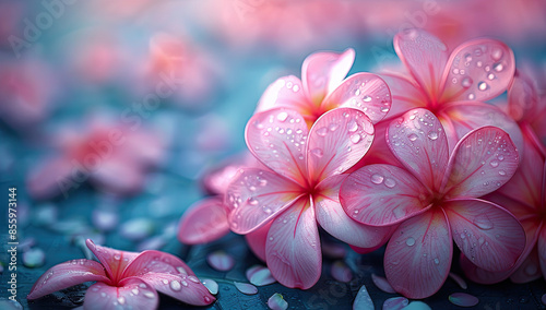 pink plumeria flowers, water droplets on petals, macro photography, pink and blue background. Created with Ai