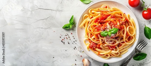 Pasta Fettuccine Bolognese with tomato sauce in white bowl. Flat lay. Top view. Copy space image. Place for adding text and design