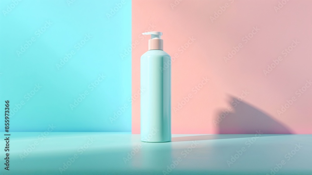 Cosmetic packaging mock-up of a shampoo bottle with a pastel background Cosmetic packaging mock-up of a shampoo bottle with a pastel background