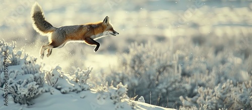 fox jumping to hunt for mouse in yellowstone hayden valley on snowy winter day. Copy space image. Place for adding text or design photo