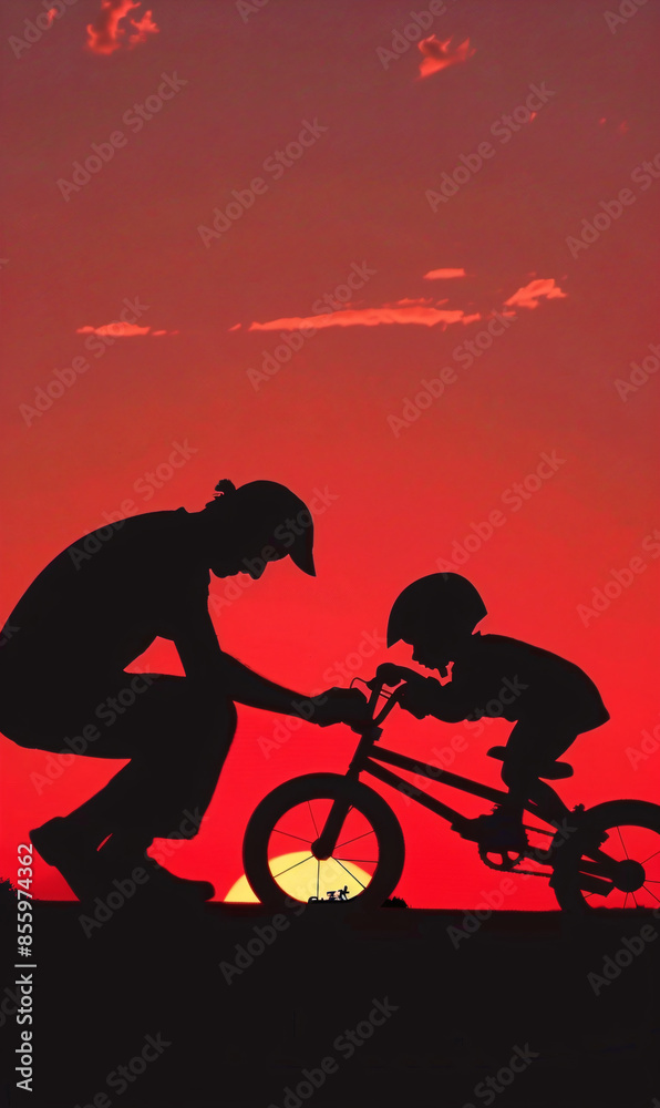 Obraz premium Parent teaching child to ride a bike outdoors. A young child learning to balance and pedal with the support of a parent. Perfect for family, parenting, outdoor activities, and childhood memories