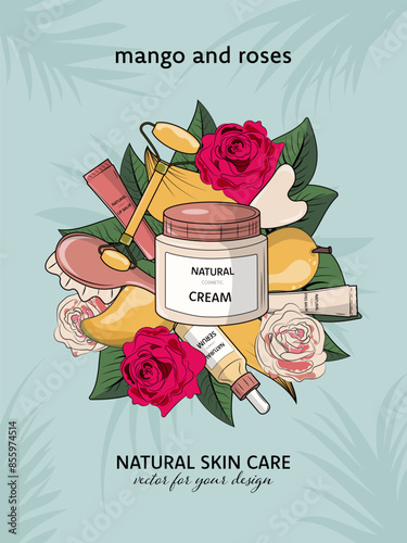Natural skincare vector illustration with facial roller, gua sha, massage brush, organic elements like rose petals and mango, set against a serene blue backdrop with tropical silhouettes