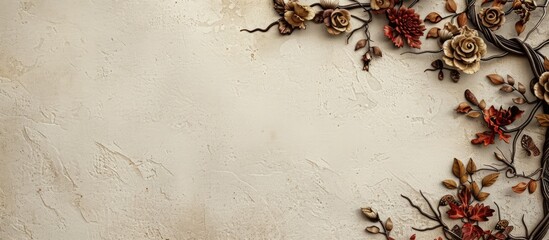 Right side of decorative border corner in a room design with a floral element. Copy space image. Place for adding text and design