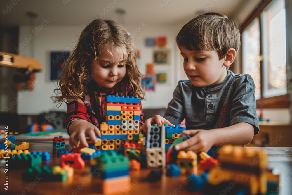 Kids constructing with toy bricks, showcasing teamwork and imaginative play, perfect for promoting educational toys and creative development Kids constructing with toy bricks, showcasing teamwork and imaginative play, perfect for promoting educational toys and creative development