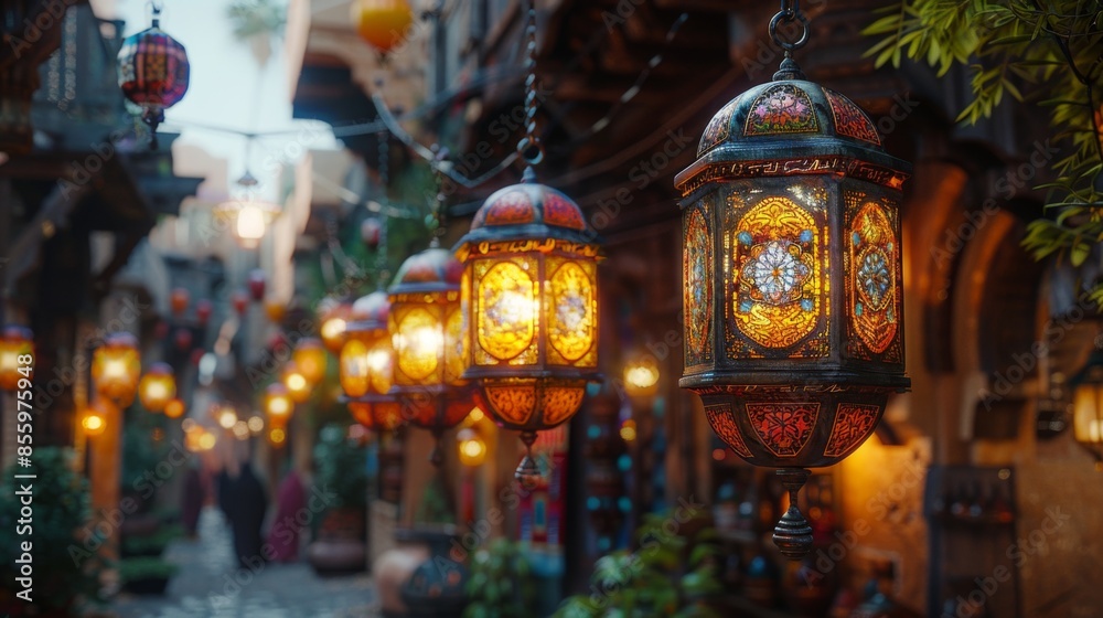 ethnic lamps hanging from the roof of the old city in the style of Arabic architecture