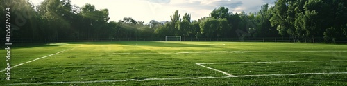 Expansive soccer field landscape with lush green grass, clear white lines, and goal posts, set in a scenic outdoor setting, capturing the essence of sportsmanship, teamwork, and competitive play photo