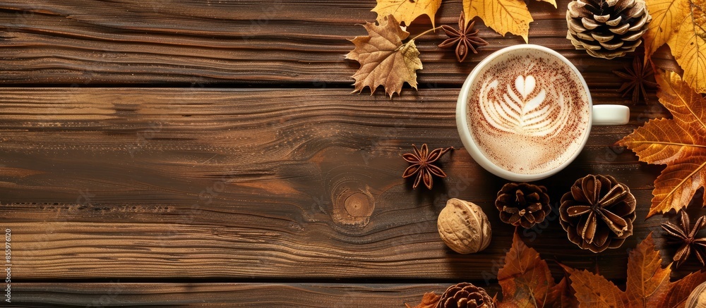 Cup of cappuccino with latte art on wooden background. Autumn flat lay composition. Cozy breakfast. Top view. Copy space image. Place for adding text and design Cup of cappuccino with latte art on wooden background. Autumn flat lay composition. Cozy breakfast. Top view. Copy space image. Place for adding text and design
