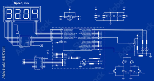 Schematic diagram of electronic device with motor on arduino.
Vector drawing electrical circuit with button, resistor, microcontroller,
 lcd display and other electronic components.