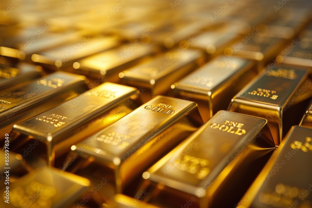 An image of three gold ingots in a row is shown in 3D An image of three gold ingots in a row is shown in 3D