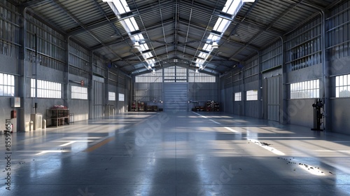 3D large industrial warehouse interior, spacious and modern facility with high ceilings, storage racks, and advanced logistics systems, designed for efficient inventory management and distribution © Nene