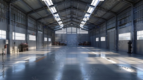 3D large industrial warehouse interior, spacious and modern facility with high ceilings, storage racks, and advanced logistics systems, designed for efficient inventory management and distribution