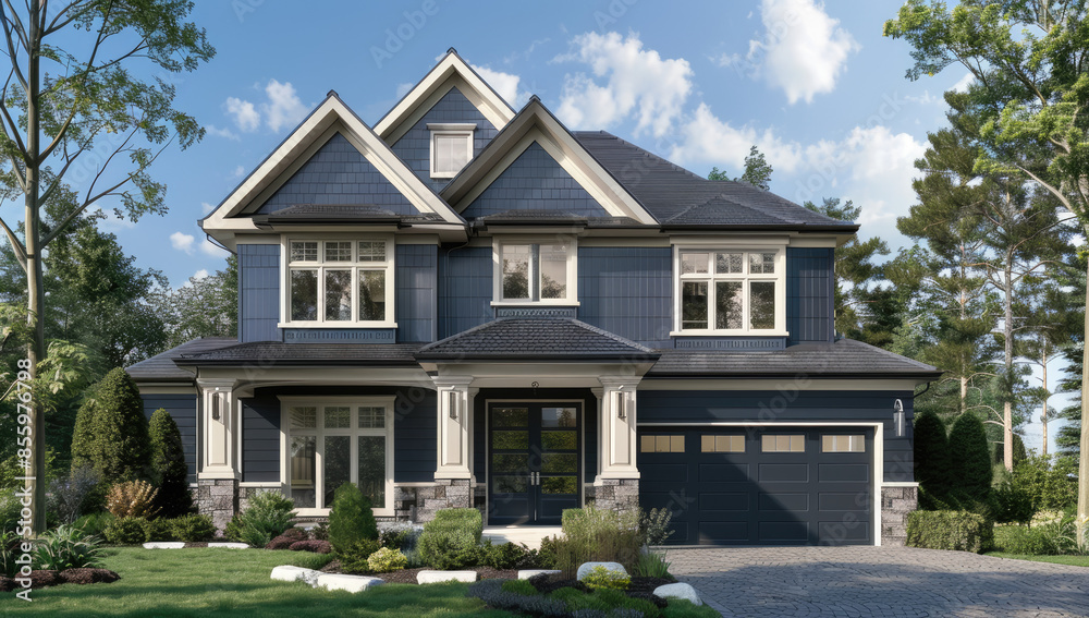 A dark navy blue and white two story home with an exterior garage door ...