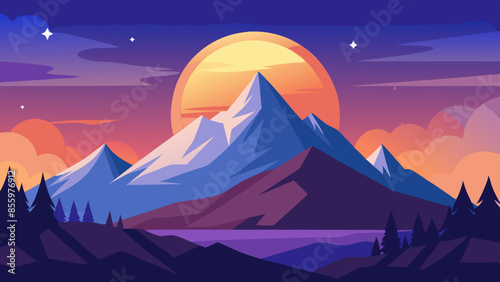 Beautiful mountain landscape, white nights, or midnight sun. Amazing polar night with mountain silhouettes