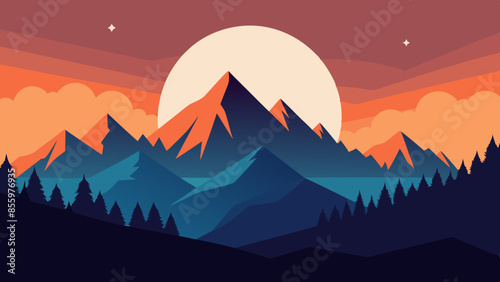 Beautiful mountain landscape, white nights, or midnight sun. Amazing polar night with mountain silhouettes