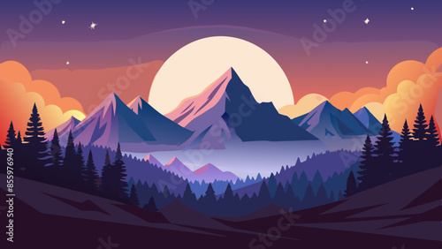 Beautiful mountain landscape, white nights, or midnight sun. Amazing polar night with mountain silhouettes