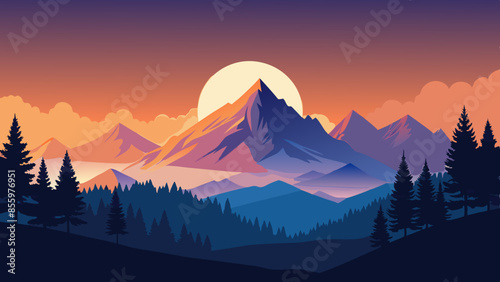 Beautiful mountain landscape, white nights, or midnight sun. Amazing polar night with mountain silhouettes