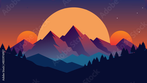 Beautiful mountain landscape, white nights, or midnight sun. Amazing polar night with mountain silhouettes