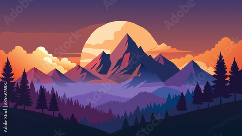 Beautiful mountain landscape, white nights, or midnight sun. Amazing polar night with mountain silhouettes
