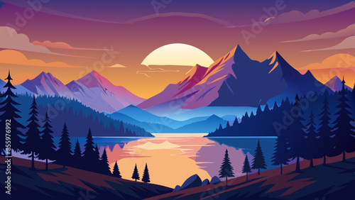 Beautiful mountain landscape, white nights, or midnight sun. Amazing polar night with mountain silhouettes